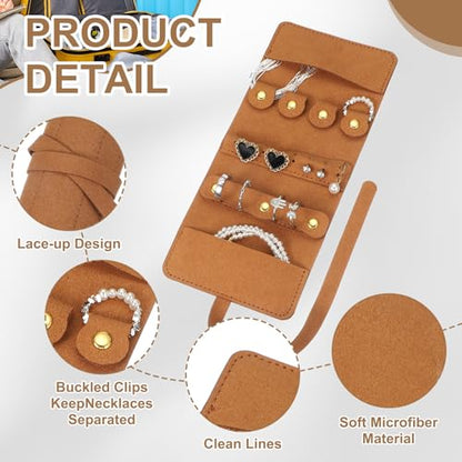 uxcell Travel Jewelry Bag Roll, Foldable Travel Organizer with Tie Close Microfiber Storage Roll for Earrings, Necklaces, Rings, Bracelets, Brooches, Valentine's Day Gifts, Brown - color: Brown