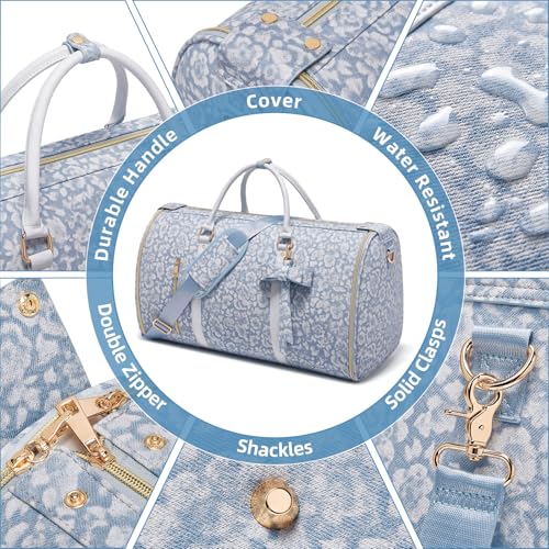 Travel Garment Bag for Women, Foldable Carry On Garment Duffle Bag 20.5x10x12.5 Inch, Convertible Overnight Bags with Shoe & Toiletry Pockets for Business Trip, Vacation, Party, Blue-White - color: White-Blue