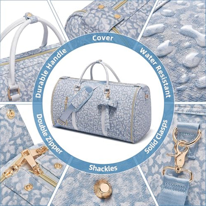 Travel Garment Bag for Women, Foldable Carry On Garment Duffle Bag 20.5x10x12.5 Inch, Convertible Overnight Bags with Shoe & Toiletry Pockets for Business Trip, Vacation, Party, Blue-White - color: White-Blue
