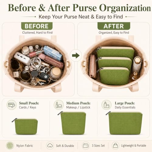Small Zipper Pouches for Purse, 3 Pack Green Checkered Nylon Pouch Set, Purse Organizer Pouches for Makeup, Cards, Keys, Cables & Travel Essentials - color: GreenPlaid/Nylon