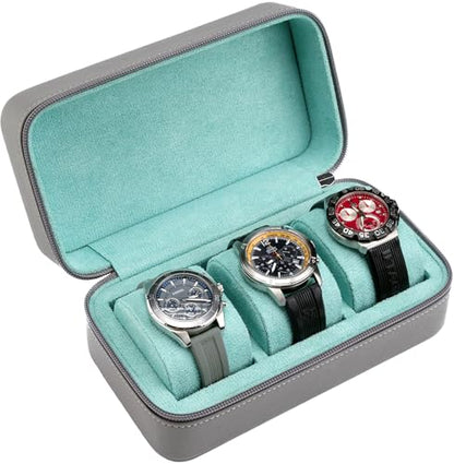 Watch Travel Case for Men | Leather Watch Case with 3 Slots | Perfect Travel Watch Organizer | Portable Watch Carrying Case - color: Grey / Turquoise