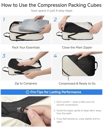 LUGGEX Compression Packing Cubes for Travel, 6 Set Lightweight Luggage Organizer Bags with Shoe Bag, Space Saving Suitcase Packing Cubes for Carry-On with Breathable Mesh, Double-Zipper (POX01, Beige) - size: 6 Set - 1 Xlarge & 2 Large Cubes