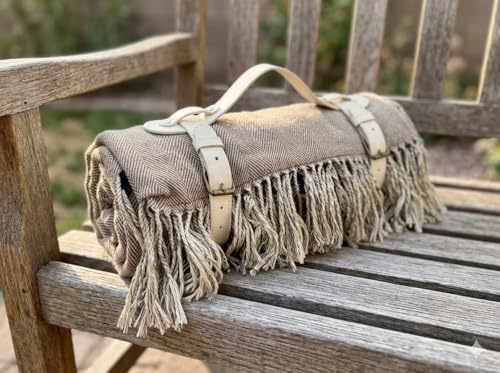 Picnic Blanket Extra Large Waterproof with Strap 59"x79" - Machine Washable Tassels Faux Wool Cashmere for Park, Grass, Camping, Hiking, Concerts (Deep Tan with white shoulder strap, 59"X79") - color: Deep Tan With White Shoulder Strap