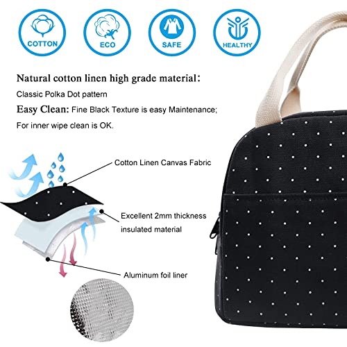 EurCross Upgraded Compact Black Lunch Bag for Girls Women,Canvas Reusable Insulated Polka Dot Lunch Tote Box Bag for Work School - color: Black Polka Dot