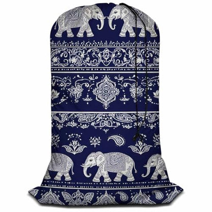 Swono Elephant Laundry Bag Large Heavy Duty Laundry Backpack with Adjustable Drawstring Closure Tribal Ethnic Animal Paisley Flower Lotus Laundry Hamper for Traveling Dirty Clothes Organizer - color: Elephant