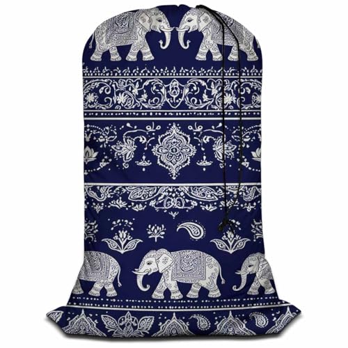 Swono Elephant Laundry Bag Large Heavy Duty Laundry Backpack with Adjustable Drawstring Closure Tribal Ethnic Animal Paisley Flower Lotus Laundry Hamper for Traveling Dirty Clothes Organizer - color: Elephant