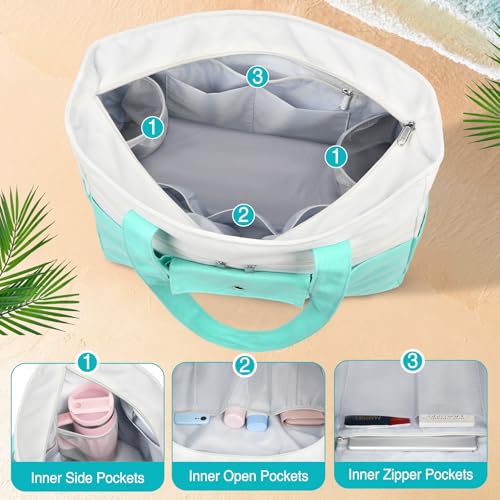 Beach Bags for Women Large Canvas Beach Tote with Zipper Wet Pocket, Waterproof Foldable Swim Pool Travel Tote Bags - color: Lake Green