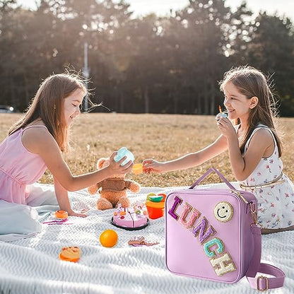 Insulated Lunch Bag With Adjustable Shoulder Strap, Nylon Preppy Lunch Box Large Insulated Lunch Bag Reusable Lunch Tote Bag with Smiley Preppy LunchBag for Girls School Travel Picnic (Purple) - color: Purple