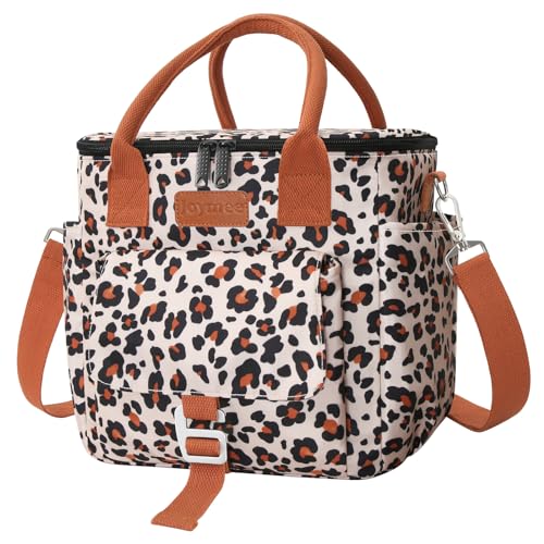 Joymee Insulated Lunch Bag for Women Reusable Leakproof - Leopard Print | Large Spacious, Cooler Lunch Bag, Adjustable Shoulder Strap, With Side Pocket, Bottle Holder, for Office Work Picnic Travel - color: Brown Leopard Print