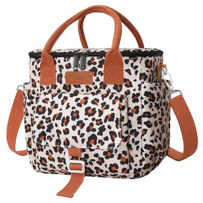 Joymee Insulated Lunch Bag for Women Reusable Leakproof - Leopard Print | Large Spacious, Cooler Lunch Bag, Adjustable Shoulder Strap, With Side Pocket, Bottle Holder, for Office Work Picnic Travel - color: Brown Leopard Print