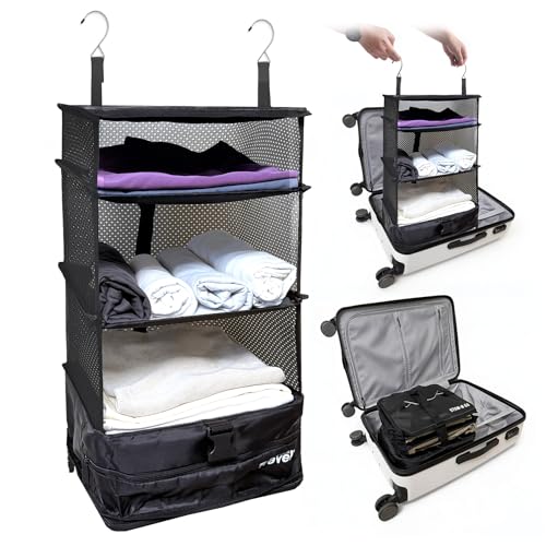 Grand Fusion Stow-N-Go Hanging Travel Shelves, Packing Organizer for Luggage. Carry on Closet for Suitcase. Expandable Packing Cube. Travel Essentials. (Black - L, L = (L) 11.8" x (W) 11.8") - color: Black, size: L = (L) 11.8" x (W) 11.8"