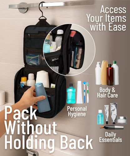 D&D Wanderlust D&D Hanging Travel Toiletry Bag for Men and Women – Cosmetics, Makeup and Toiletries Organizer Kit with 10 Compartments - color: Black Large