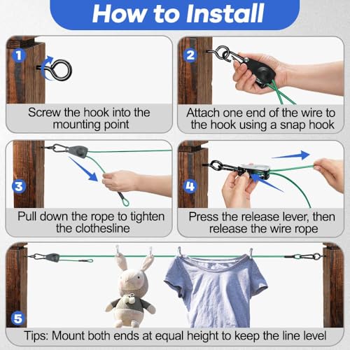 TooTaci 15ft Outdoor Clothesline Kit, 3/16" Green PVC Coated Wire Rope Portable Retractable Clothes Line Kit with Self-Locking Pulley, Screw Hook & Snap Hook for Camping, Backyard, Balcony, Travel
