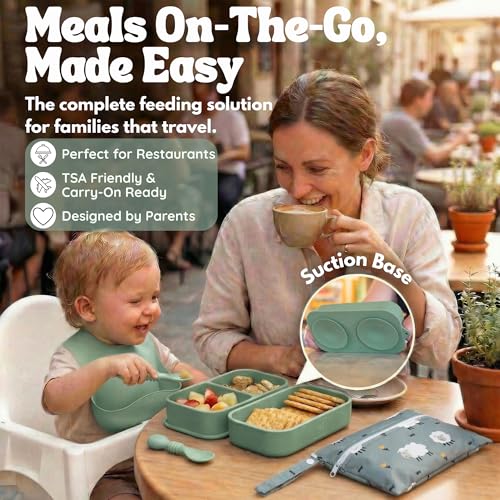 Baby Travel Essentials 6 Pc Silicone Feeding Set - Portable Toddler Plates with Suction, Baby Spoons & Foldable Bib in Carrying Case - BPA-Free Infant & Toddler Utensils for Airplanes & Eating Out - color: Green