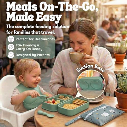 Baby Travel Essentials 6 Pc Silicone Feeding Set - Portable Toddler Plates with Suction, Baby Spoons & Foldable Bib in Carrying Case - BPA-Free Infant & Toddler Utensils for Airplanes & Eating Out - color: Green