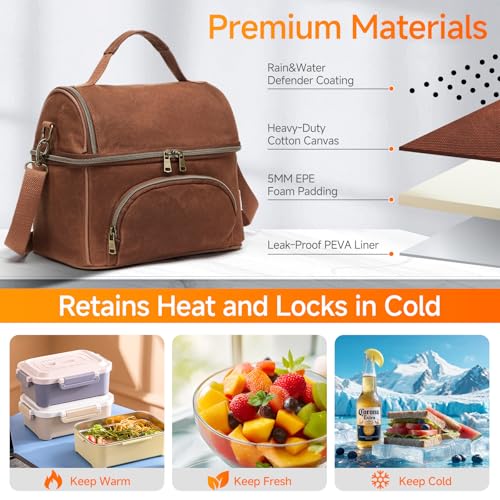 Waxed Canvas Lunch Bag with 2 XL Ice Packs, Canvas Lunch Box, Lunch Cooler for Men Work, 10.5L 2 Compartments Insulated Leakproof Cooler Bags for Camping, Beach and Road Trips - color: Rustic Brown