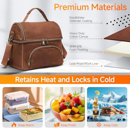 Waxed Canvas Lunch Bag with 2 XL Ice Packs, Canvas Lunch Box, Lunch Cooler for Men Work, 10.5L 2 Compartments Insulated Leakproof Cooler Bags for Camping, Beach and Road Trips - color: Rustic Brown