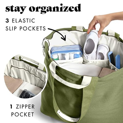 Fit & Fresh XL Beach Tote Bag for Women – XL Travel Tote with Zipper & Pockets, Oversized Canvas Pool Bag, Weekender Carry-On - color: Olive