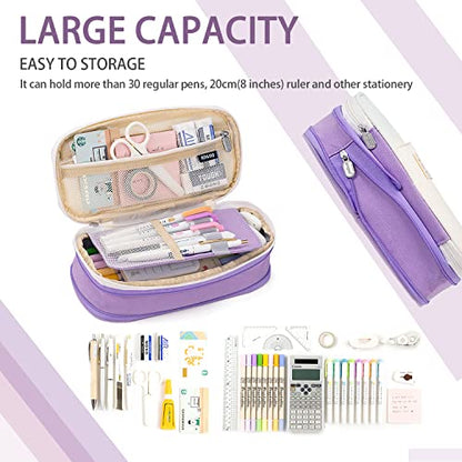 Large Capacity Pencil Case, Expandable Stationery Bag with Zipper compartments, Aesthetic Pencil Case Pouch for Office College School Students Teen Girls Boys - color: Purple Beige