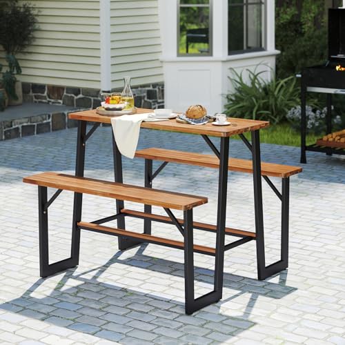 Giantex 4.5FT Picnic Table Bench Set for 4, Acacia Wood Outdoor Dining Table Set, 2" Umbrella Hole, Heavy Duty Metal Frame, Footrest Bar, Large Rectangular Tabletop for Porch Patio Lawn Garden - size: 54"×49.5"×39.5"