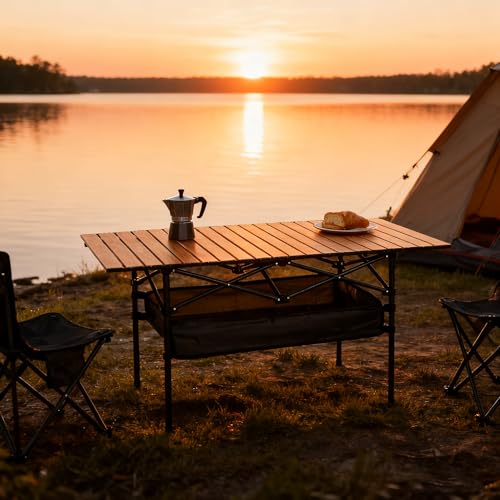 Outdoor Folding Table, 7.93LBS Ultralight Camping Table with Built-in Storage & Carry Bag, 225LBS Heavy Duty Aluminum Tabletop Carbon Steel Frame for Camping, Picnic, Beach, BBQ - color: Wood