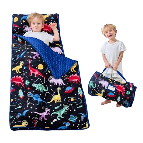 Lasoftan Toddler Nap Mat with Pillow and Blanket, Extra Large Rolled Napping Mats,Slumber Bags for Boys Girls,Kids Sleeping Bag for Daycare, Preschool Travel Camping - color: Space Dinosaur