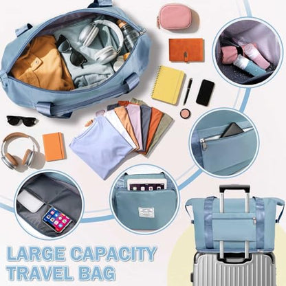 Ranslen Large Capacity Folding Travel Bag,Expansion Travel Duffel Bag with Dry and Wet Separation Portable Travel Duffel Bag - color: Blue