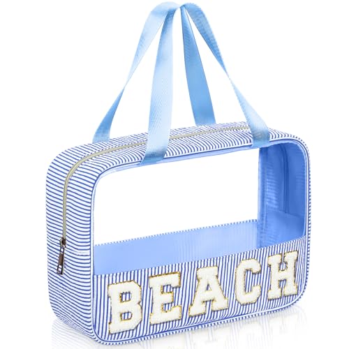 Sanwuta Seersucker Beach Bag Chenille Letter Clear Sunscreen Makeup Bag with Handle and Zipper Seersucker Stripe Preppy Women Cosmetic Pouch for Storage Travel Organizer(Blue) - color: Blue, style: Beach