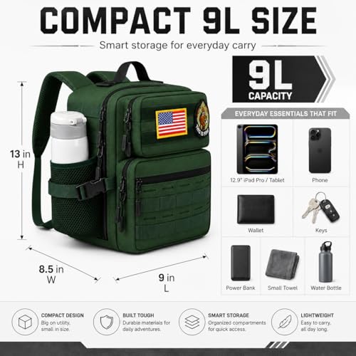 9L Mini Tactical Backpack for Men Women,Small Military Tactical Backpack for Sport,Gym,Hiking,Travel,Camping (Army Green) - color: Army Green