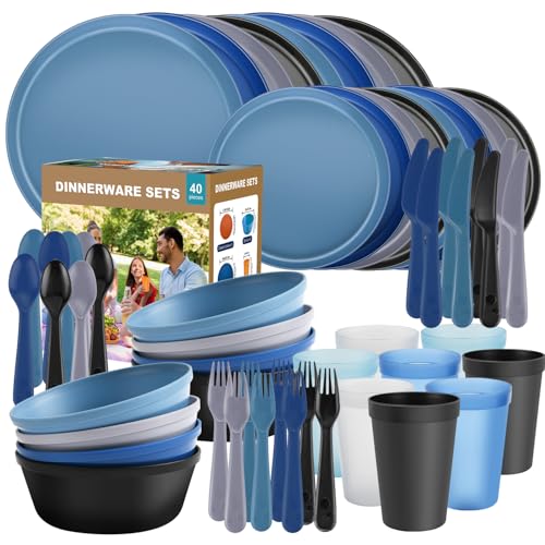 40 Piece Plastic Dinnerware Set for 8 with Cutlery, Unbreakable Plates and Bowls Set, Dishwasher & Microwave Safe Reusable Dish Set for Camping, RV, Outdoor Kitchen, Apartment Dining,Ocean Multicolor - color: Modern