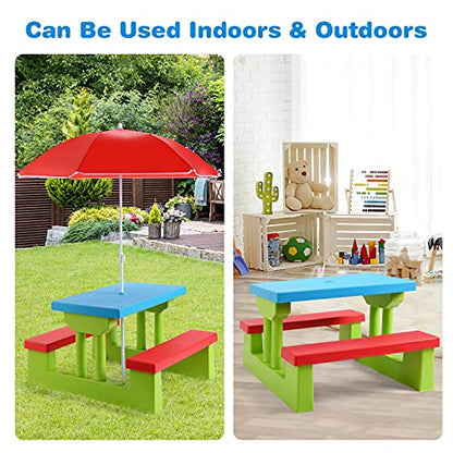 ARMILE Kids Picnic Table, Kids indoor & Outdoor Table and Bench set with Removable & Foldable Umbrella, Portable Toddler Plastic Picnic Table for Patio, Backyard, Ideal Gift for Boys Girls(Red)