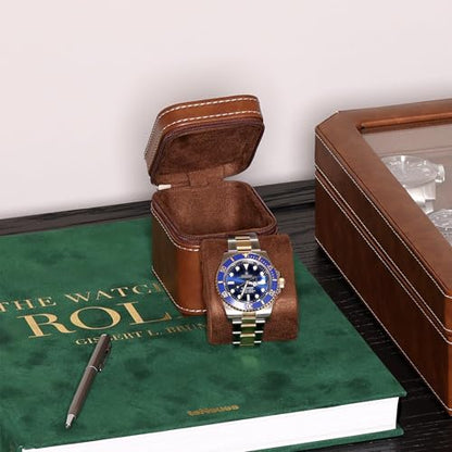 ROTHWELL Single Watch Travel Case | Compact PU Leather Protective Box with Microsuede Interior | Fits Watches & Smartwatches Up to 55mm (Tan/Brown) - color: Tan/Brown