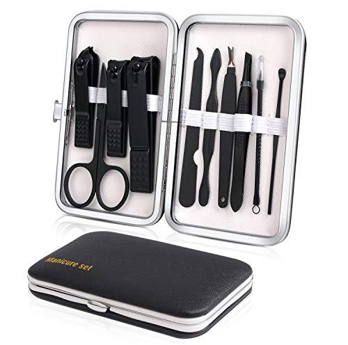 Manicure Set, Travel Mini Nail Clippers Kit Pedicure Care Tools, 10pcs Stainless Steel Grooming kit (Black) - color: Black