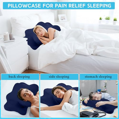 Hahafelt Cooling Cervical Neck Pillowcase Cover (Only Pillow Case) Ergonomic Pillowcase with Zipper Breathable Contour Pillow Cover for Side Back Stomach Sleepers(Navy Blue,Queen Size) - color: Navy Blue, size: Queen