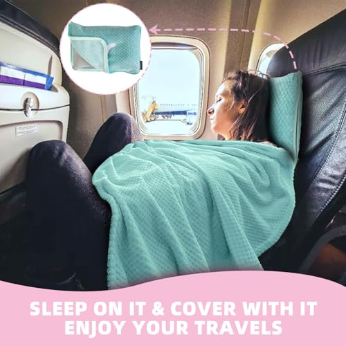 3 in 1 Travel Blanket Pillow Set - 350 GSM Thick Travel Blanket Airplane Compact with Bag, Soft Bag with a Pocket, Inflatable Travel Pillow for Camping & Car Trip(Mint Green) - color: Mint Green