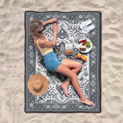 Supfitness Extra Large Picnic Blankets Waterproof Foldable (60"x 80") Beach Blanket Waterproof Sandproof,3-Layer Thicking Mat Outdoor Packable Camping Blanket - color: Boho-grey, size: 60x80in