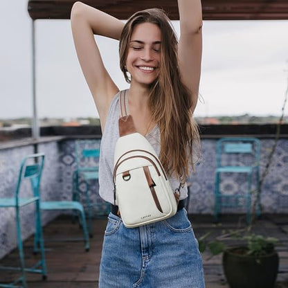 LATMAP 7L Sling Bag for Women Men Leather Small Sling Backpack Daypack Anti Theft Fanny Pack Crossbody Purse Travel - color: Regular Size-beige