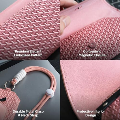 VULKIT Portable Leather Eye Glasses Case for Women & Men, Slim Sunglass Case, Unisex Eyeglass Case - color: Blush Pink With Lanyard