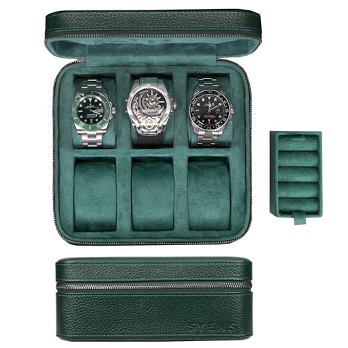 Watch Travel box Real Top-grain Leather, 6 Watches Storage Organizer Roll Case for Man and Women, Leather Packing Box with Suede to Protection Zipper Fit All Watches Up to 60mm (6W-Z-GRL) - color: 6W-Z-GRL