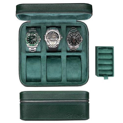 Watch Travel box Real Top-grain Leather, 6 Watches Storage Organizer Roll Case for Man and Women, Leather Packing Box with Suede to Protection Zipper Fit All Watches Up to 60mm (6W-Z-GRL) - color: 6W-Z-GRL