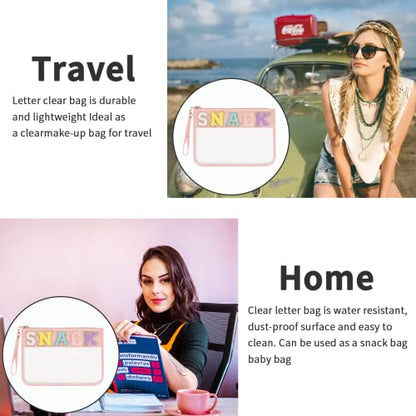 Iqimott Snack Bag Monogram Clear Letter Flat Pouch, Chenille Glitter Letter Patch Makeup Cosmetic Bag Zipper Toiletry Pouch, Portable Travel Beach Wristlet Bags for Women Girls(Snack, Pink) - color: Snack-Pink