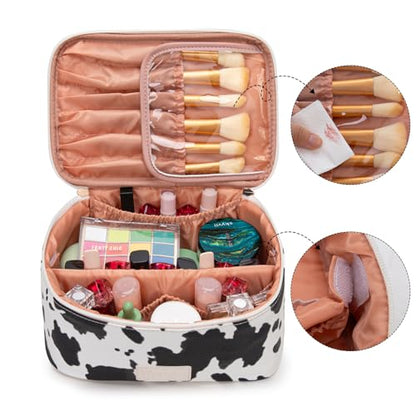Montana West X Wrangler Travel Makeup Bag 2pcs Set Large Cosmetic Bag with Makeup Brush Holder Portable Make Up Organizer Cute Toiletry Bag with Divider and Handle for Women - color: Cow-Black