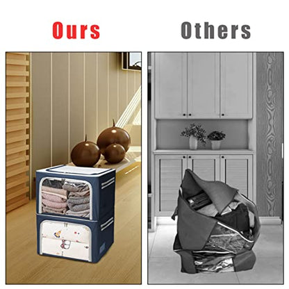 Clothes Storage Box Bins Stackable Foldable Organizer,Sturdy Handles with Metal Frame for Clothing Bedding Shelves,Closet Container with Clear Window Zipper and Label Holder (Navy, 40L x3 Pack) - color: Navy, 40L x3 Pack