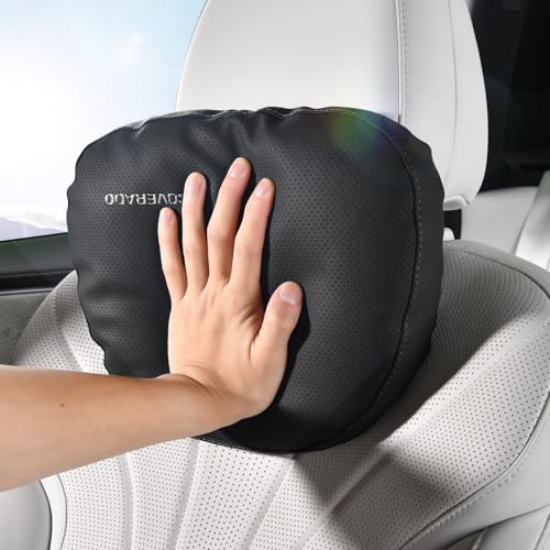 Coverado Leather Car Headrest Pillow Car Neck Pillow with Adjustable Strap, Head Support Rest Driver Relax Head Muscles Relieve Driving Fatigue, Breathable & Removable Cover, Black - color: Black, size: 1 Piece