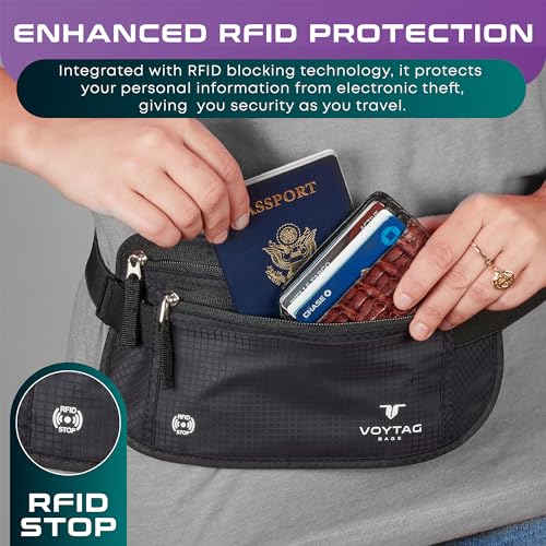 Travel Money Belt & Passport Holder - RFID Blocking Slim Travel Wallet & Fanny Pack for Men and Women - Essential Travel Pouch for Cash, Credit Cards, and Documents - color: Black