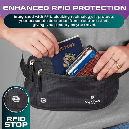 Travel Money Belt & Passport Holder - RFID Blocking Slim Travel Wallet & Fanny Pack for Men and Women - Essential Travel Pouch for Cash, Credit Cards, and Documents - color: Black