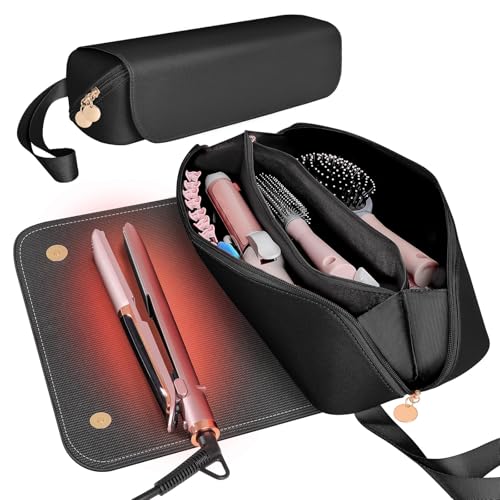 SS Hair Tools Travel Bag and Heat Resistant Mat for Hot Tools, Leather Curling Iron Case, Portable Essentials for Women, Black - color: Black