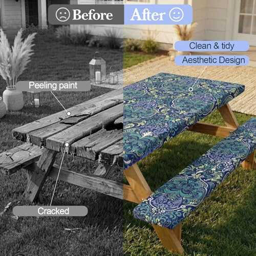 Picnic Table Cover with Bench Covers Camping Essentials Waterproof Windproof Camping Tablecloth with Drawstring Bag, Fitted Rectangle Tables and Seats, 72in, Deep Blue Green - color: Deep Blue Green, size: 72in