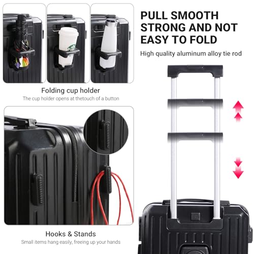 Carry-on Luggage with Cup Holder & USB Charging Port, Hard Side Luggage with Spinner Wheels, Lightweight Luggage for Travel, Business (Black, Carry-On 20-Inch) - color: Black
