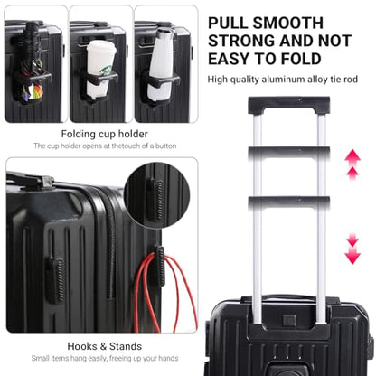 Carry-on Luggage with Cup Holder & USB Charging Port, Hard Side Luggage with Spinner Wheels, Lightweight Luggage for Travel, Business (Black, Carry-On 20-Inch) - color: Black